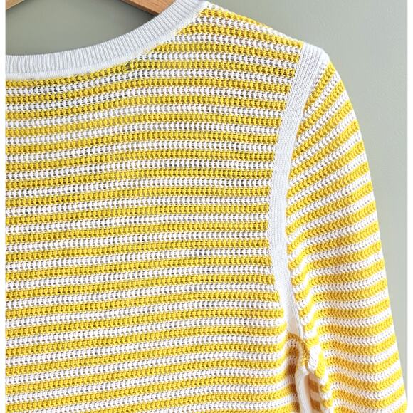 TALBOTS M Crewneck Knit Sweater Scallop Trim Yellow White Stripe Preppy Coastal - Picture 9 of 12